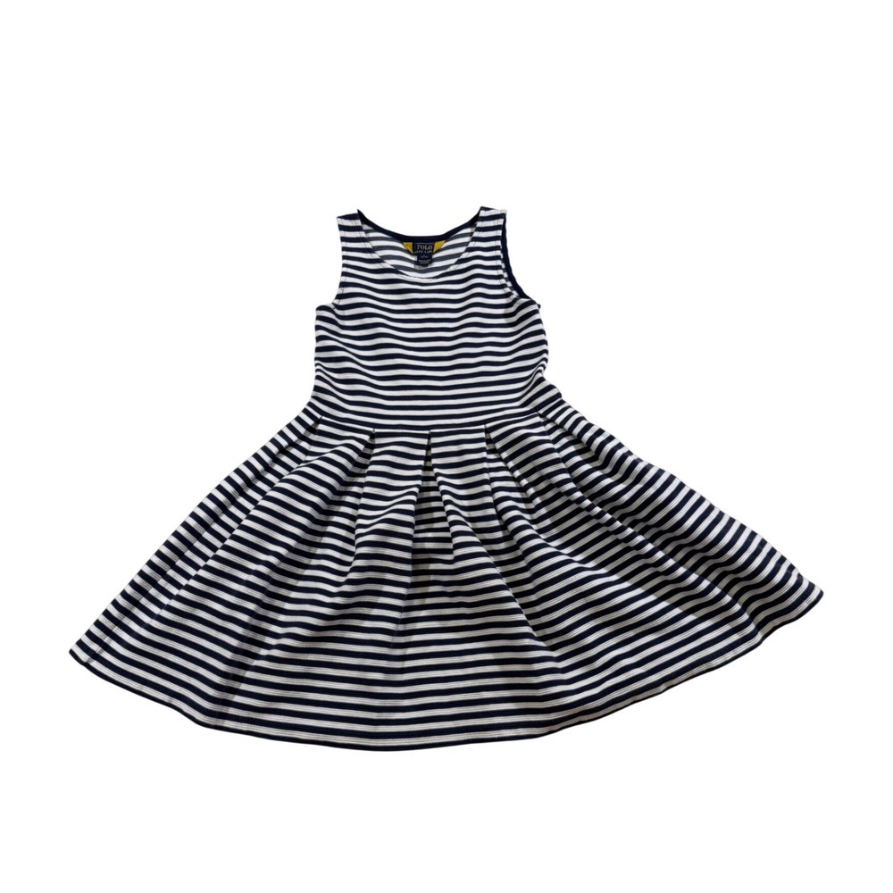 Polo Ralph Lauren Dress L (12-14) Navy Blue Striped Pleated Preppy Nautical